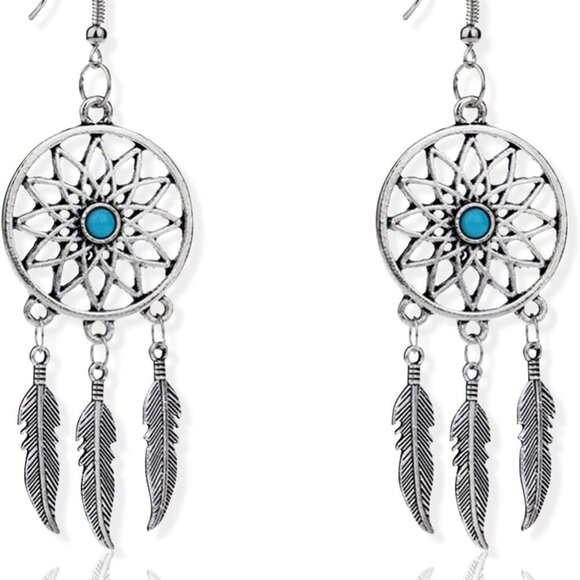 Jewelry - Woman Retro Silver BOHO Style Metal Dangle Drop Earrings Dream Catcher Statement